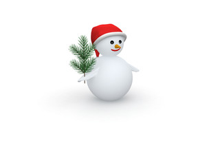 Snowman with Santa Claus hat and pine branch on white background