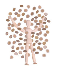 wooden doll in rain of coins