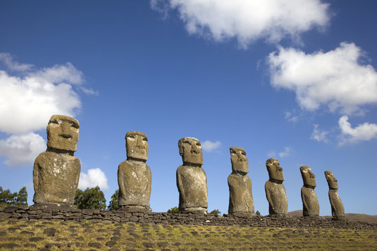 View of seven Ahu Akivi Moai, Rapa Nui, Easter Island, Chile.