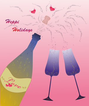 Festive champagne wine glasses and hearts