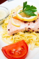 plate of pasta and smoked salmon