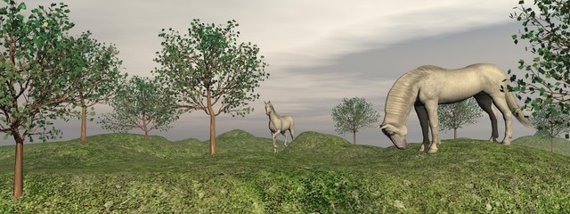 Fleabitten grey horses in nature - 3D render