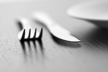 Knife, fork and plate in B&W