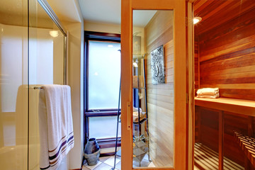 Fototapeta premium Home sauna interior with shower.
