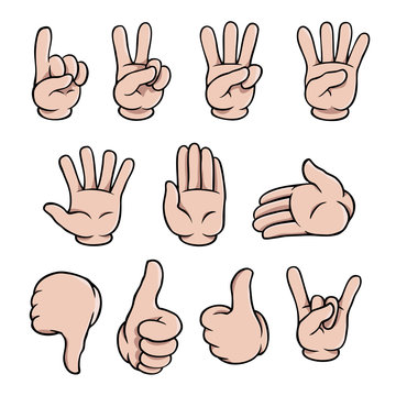 Set of human cartoon hands showing various gestures.