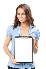 Beautiful young woman showing blank clipboard