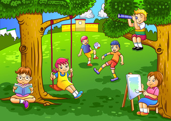 illustration of a kids playing in the garden