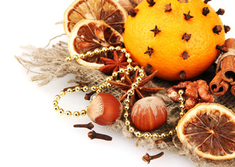 composition of christmas spices, isolated on white