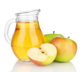 Full jug of apple juice and apple isolated on white