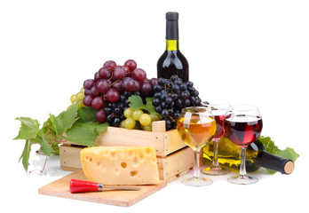 bottles and glasses of wine, assortment of grapes and cheese