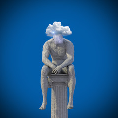 M&auml;nnliche Statue sitzt auf S&auml;ule 3D Wolke Blitze