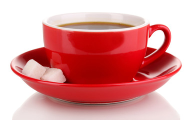 A red cup of strong coffee isolated on white