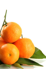Ripe sweet tangerines with leaves, isolated on white