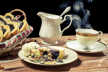 Poppy-seed cake served with hot coffee
