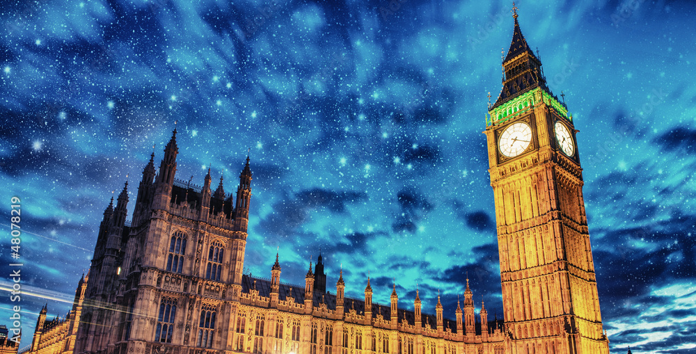 Sticker Big Ben and House of Parliament at dusk from Westminster Bridge