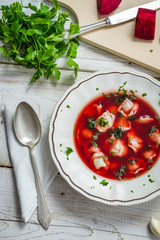 Homemade beetroot soup with dumplings