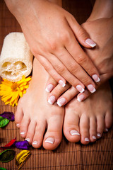 Woman's french manicure and pedicure 
