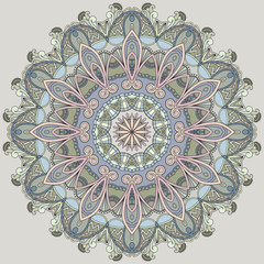 Ornamental circle on grey background. Mandala in pastel colors