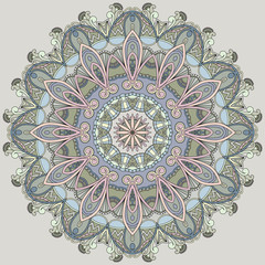 Ornamental circle on grey background. Mandala in pastel colors