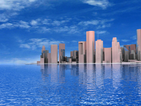 3D abstract modern city on beautiful seascape