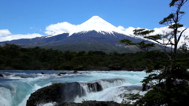 Osorno volcano with waterfall, Petrohoue National Park, Chile