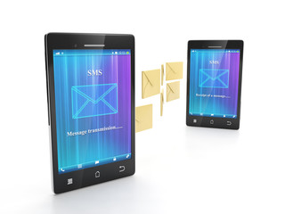 Two phone sending SMS. Connection of two mobile phone