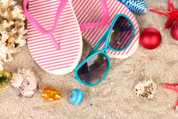 Christmas balls,seashells andh beach accessories