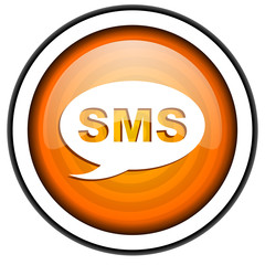 sms orange glossy icon isolated on white background
