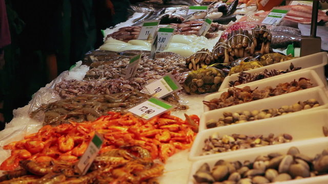 Seafood at fish market in Barcelona, Spain