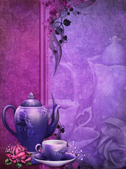 Fioletowe tło z filiżanką herbaty i czajnikiem - obrazy, fototapety, plakaty