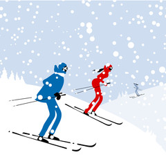 People skiing, winter mountain landscape for your design