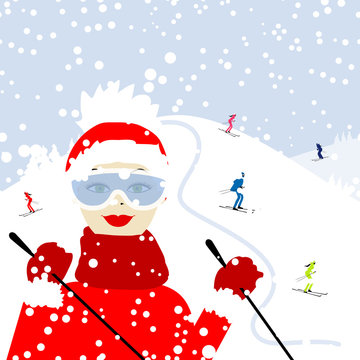 Girl skiing, winter mountain landscape