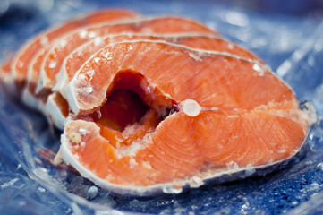 Sliced ??salmon steaks, for sale in a supermarket