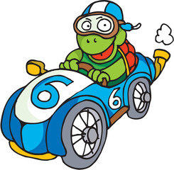 A tortoise is driving is an old race car