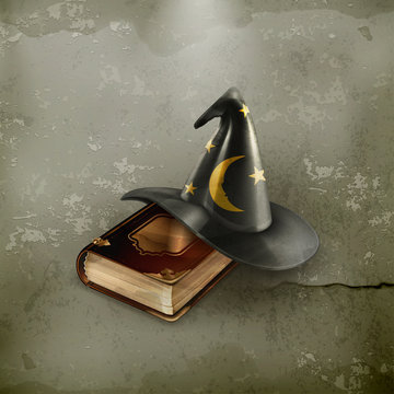 Wizard hat and old book, old-style