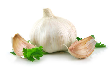 Garlic Vegetable with Parsley Leaves Isolated on White
