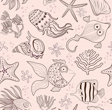 seamless inlay of sea creatures, corals and shells