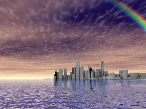 3D abstract modern city on beautiful seascape with rainbow