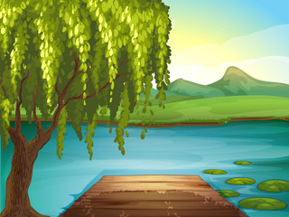 Une rivière et un banc en bois