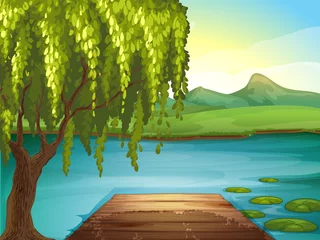 Foto op Canvas Een rivier en een houten bank © GraphicsRF