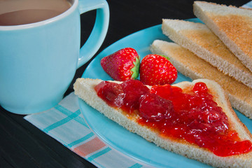 Blue coffee cup and toast