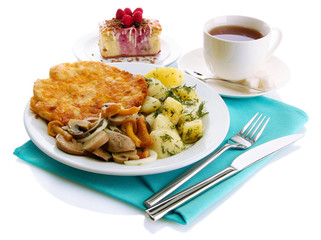Roast chicken cutlet with boiled potatoes and  vegetables, cup