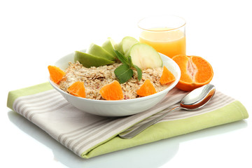 tasty oatmeal with orange and apple, isolated on white