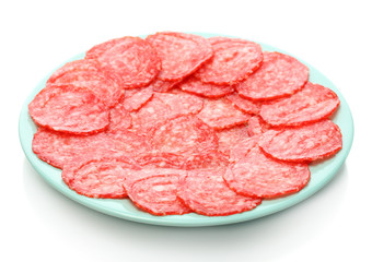 tasty sausage on plate, isolated on white