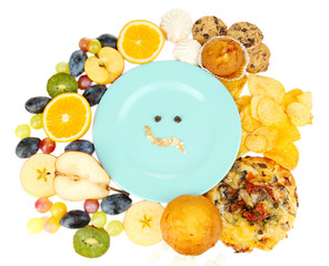 Blue plate surrounded by useful and harmful food isolated