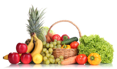 Composition with vegetables and fruits in wicker basket