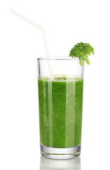 Green vegetable juice in glass isolated on white