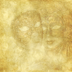 Vintage Venetian Masks on golden floral background