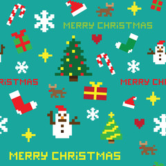 seamless retro pixel game Christmas vector pattern - 48126451