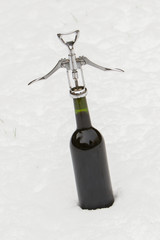Bottle of red wine in the snow